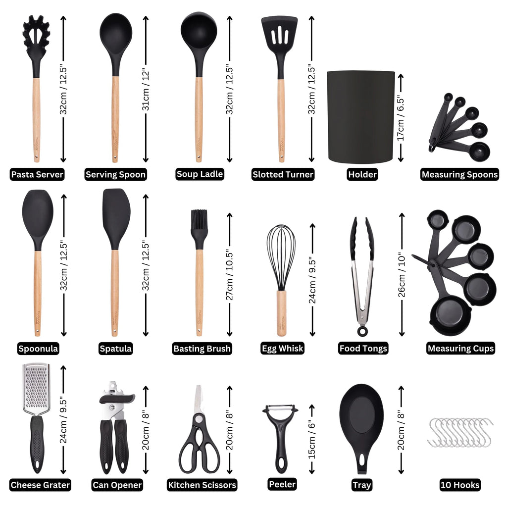 35-Piece Silicone Kitchen Utensil Set – Wooden Handle Cookware Silicone Utensil Set Axl