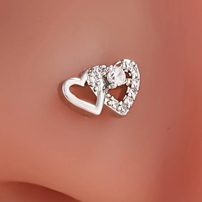 L-Shape Double Heart Nose Stud Ring – Zircon Stainless Steel Nose Stud Ring Axl