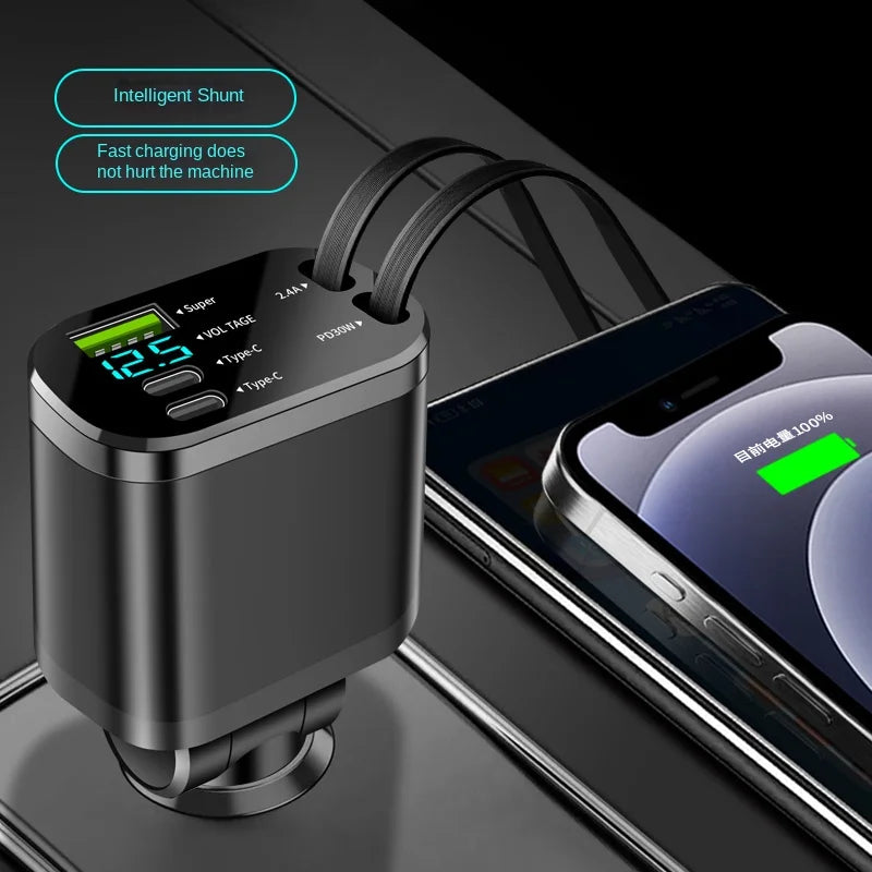 5-in-1 Car Charger with Retractable Cable | PD Fast Charge Car Phone Charger Axl