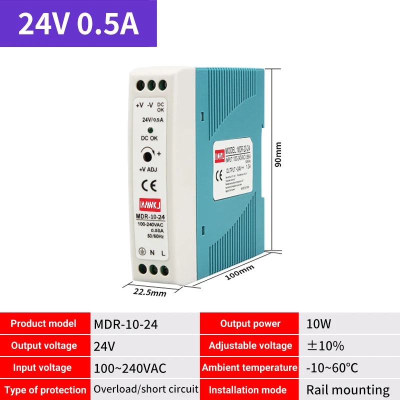 MDR DIN Rail Power Supply 5V 12V 24V | 10W–100W DC Switch DIN Rail Power Supply Axl MDR-10-24