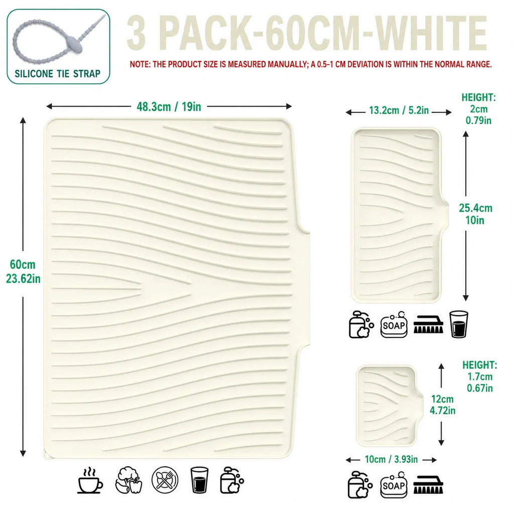 3-Piece Silicone Dish Drying Mat Set – Drainage & Trivet Dish Drying Mat Set Axl 3 PACK-60CM-White All Set