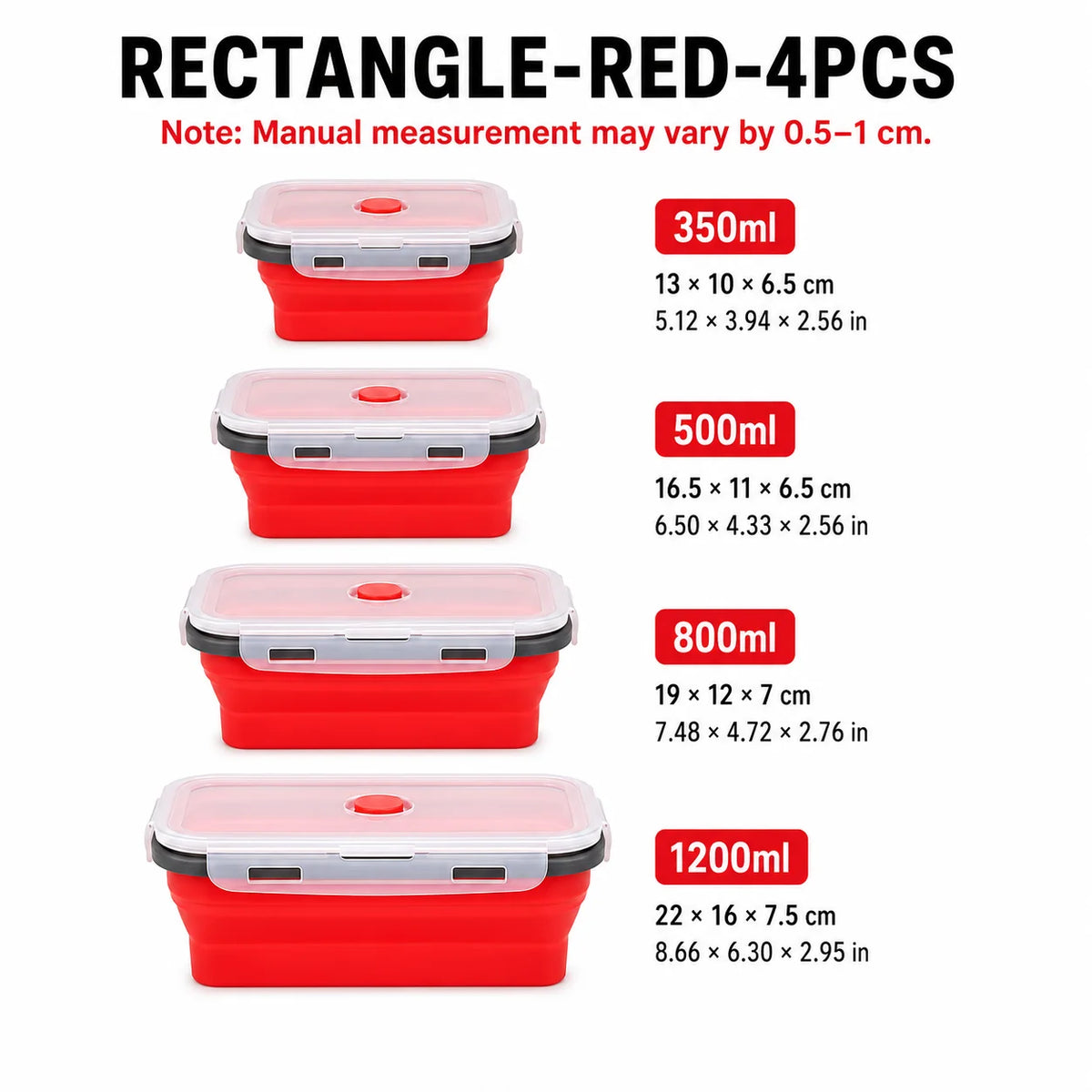 Uwhise 4-Size Collapsible Silicone Bento Lunch Box Set Silicone Food Containers Axl Rectangle-Red-4Pcs