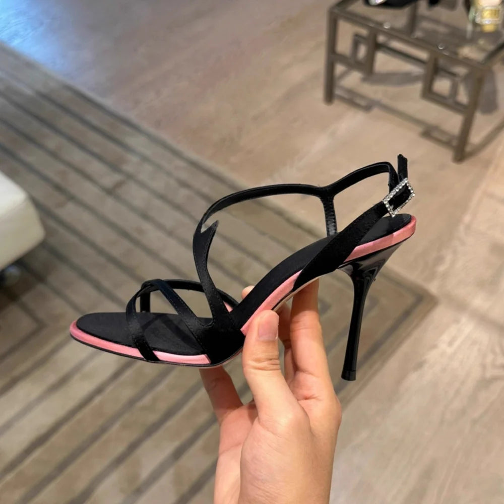 Women's Satin Color Block High Heel Sandals | Open Toe Buckle High Heel Sandals Axl