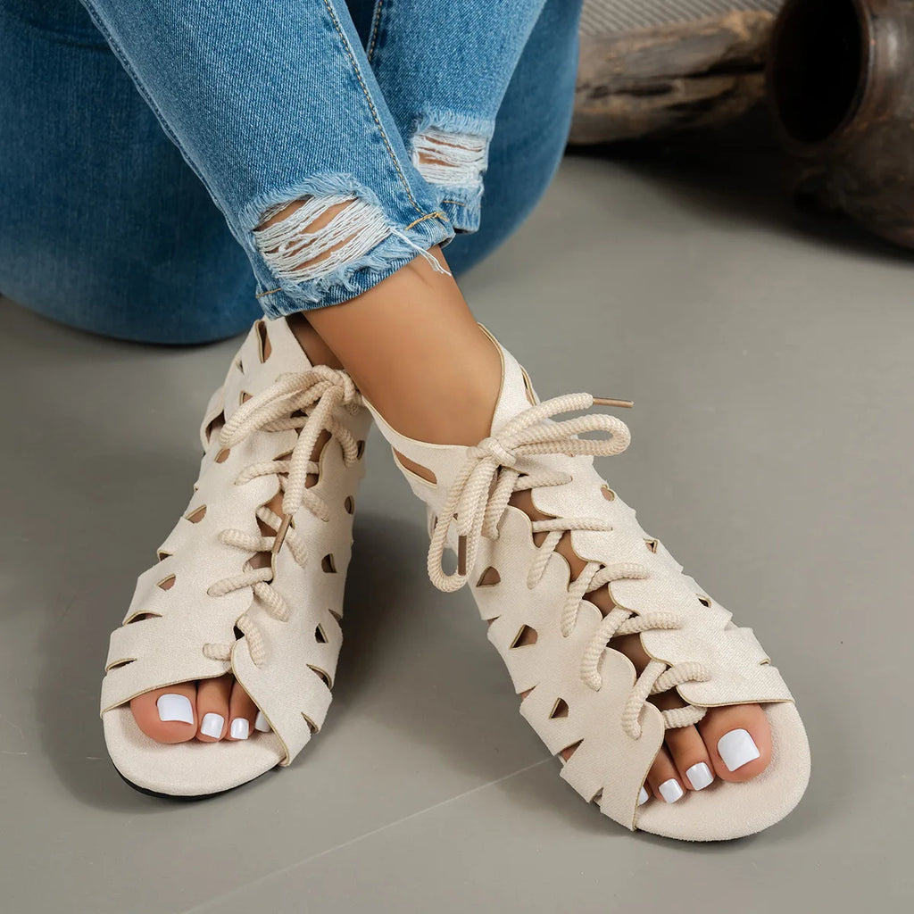 Women's Retro Lace-Up Flat Sandals – Hollow Roman Beach Shoes Flat Sandals Axl Creamy-white 40
