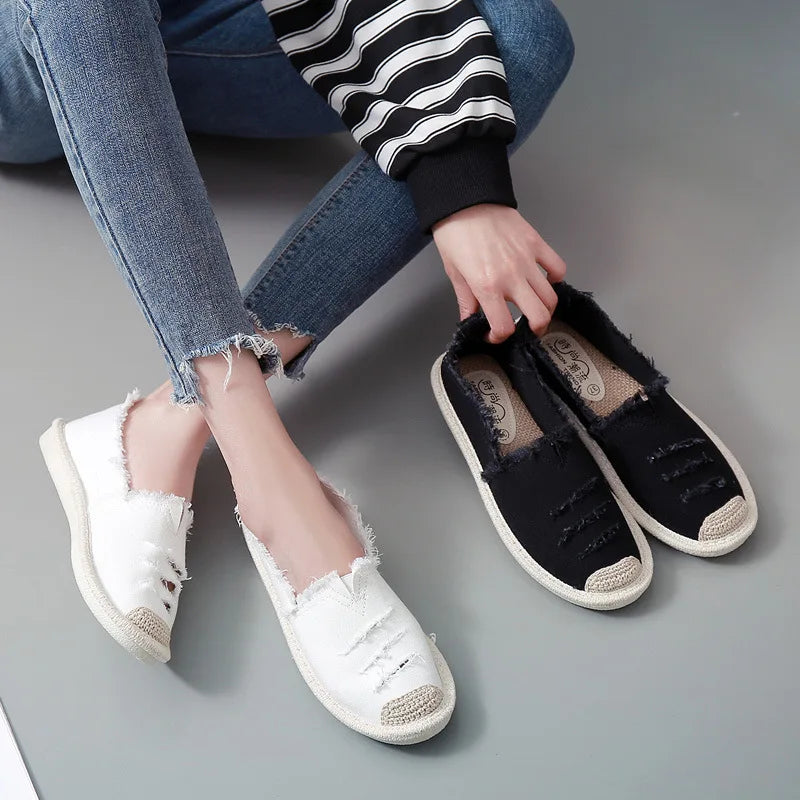 Women's Flat Slip-On Canvas Loafers – Casual Ripped Lazy Shoes Canvas Slip-On Loafers Axl