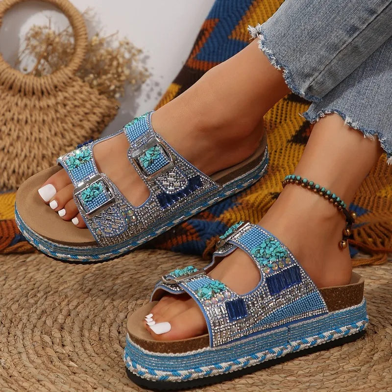 Women's Rhinestone Wedge Slippers – Metal Buckle Soft Sole Wedge Slippers Axl