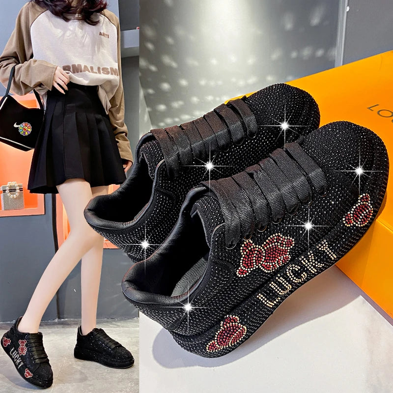 Women's Rhinestone Platform Sneakers – Glam Lace-Up Trainers Platform Sneakers Axl