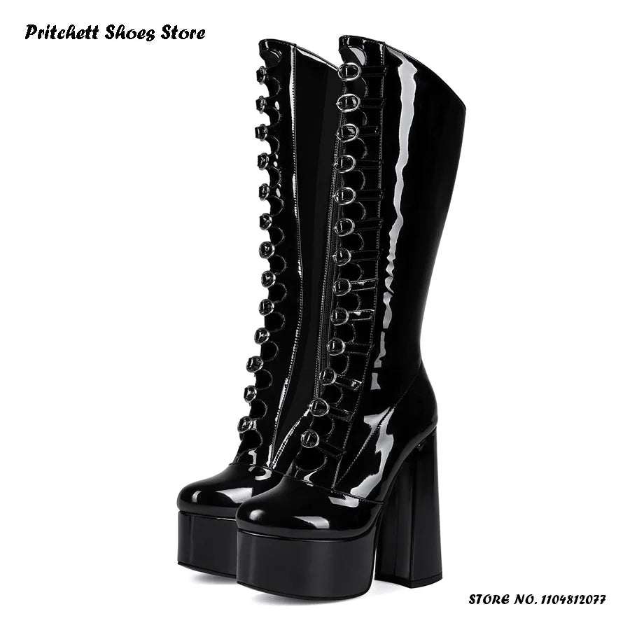 Women's Black Knee-High Platform Boots | Square Block Heel Knee-High Boots Axl Black A 44
