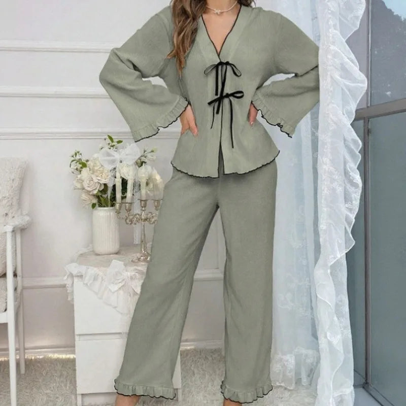 Women's V-Neck Pajama Set – Long Sleeve & Pants Loungewear Women's Pajama Set Axl