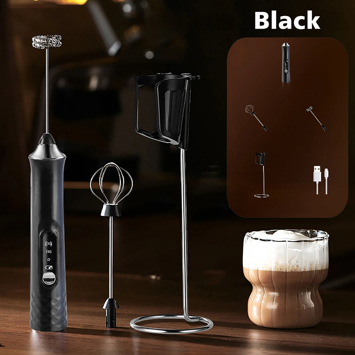 ONEKA Rechargeable Handheld Milk Frother – Electric Foam Maker Milk Frother Axl Black 2 Whisk