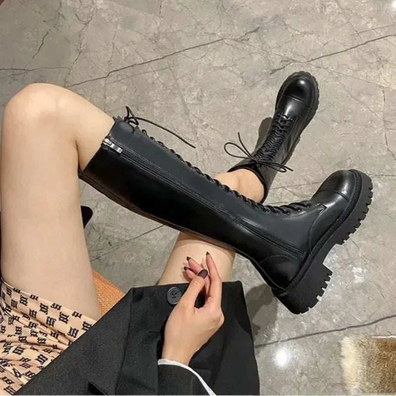 Women's Lace-Up Knight Boots | British Style Thick Sole Winter Women's Winter Boots Axl