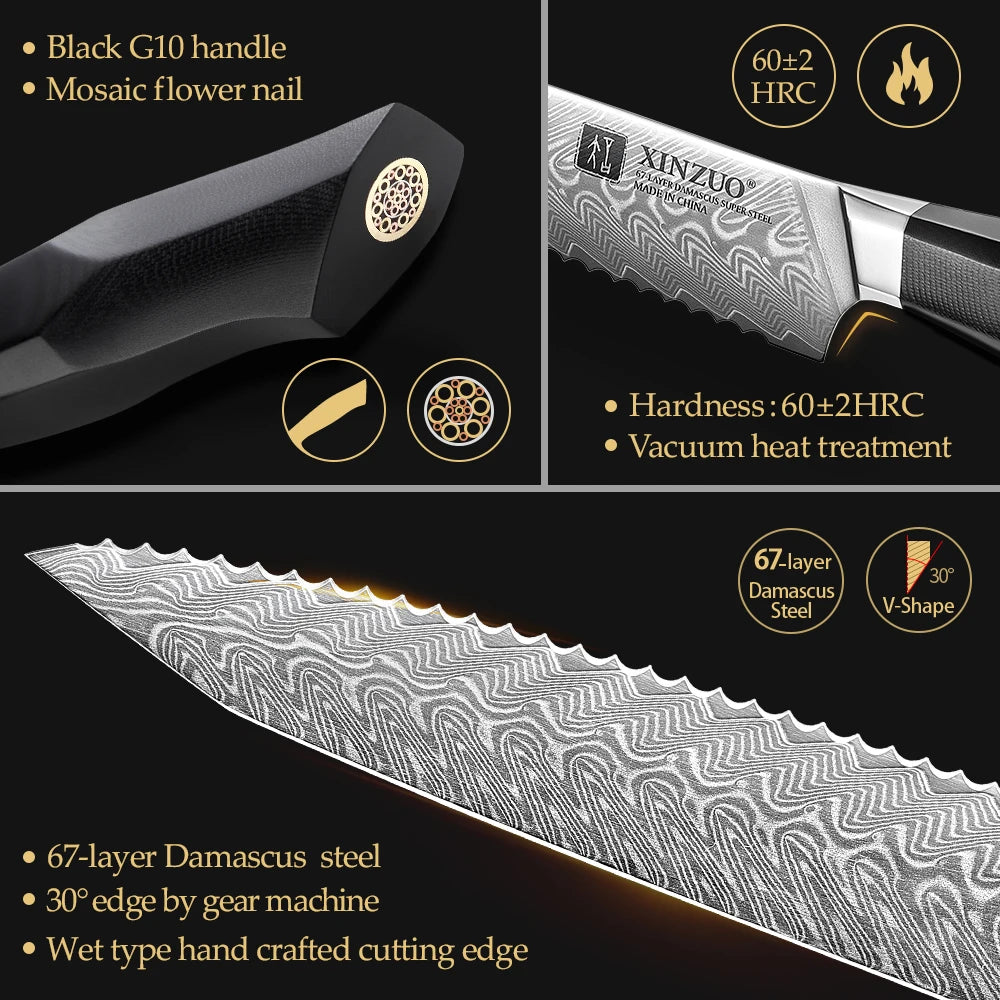 XINZUO 8.5" Damascus Steel Bread Knife – G10 Ergonomic Handle Damascus Bread Knife Axl