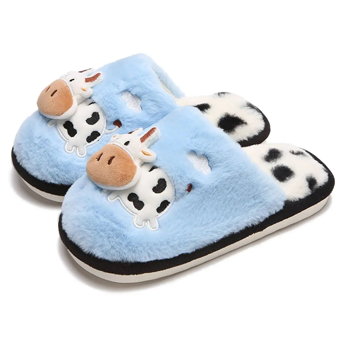 Cow Print Faux Fur Slippers – Cozy Indoor Slides Men & Women Faux Fur Slippers Axl Blue 36-37