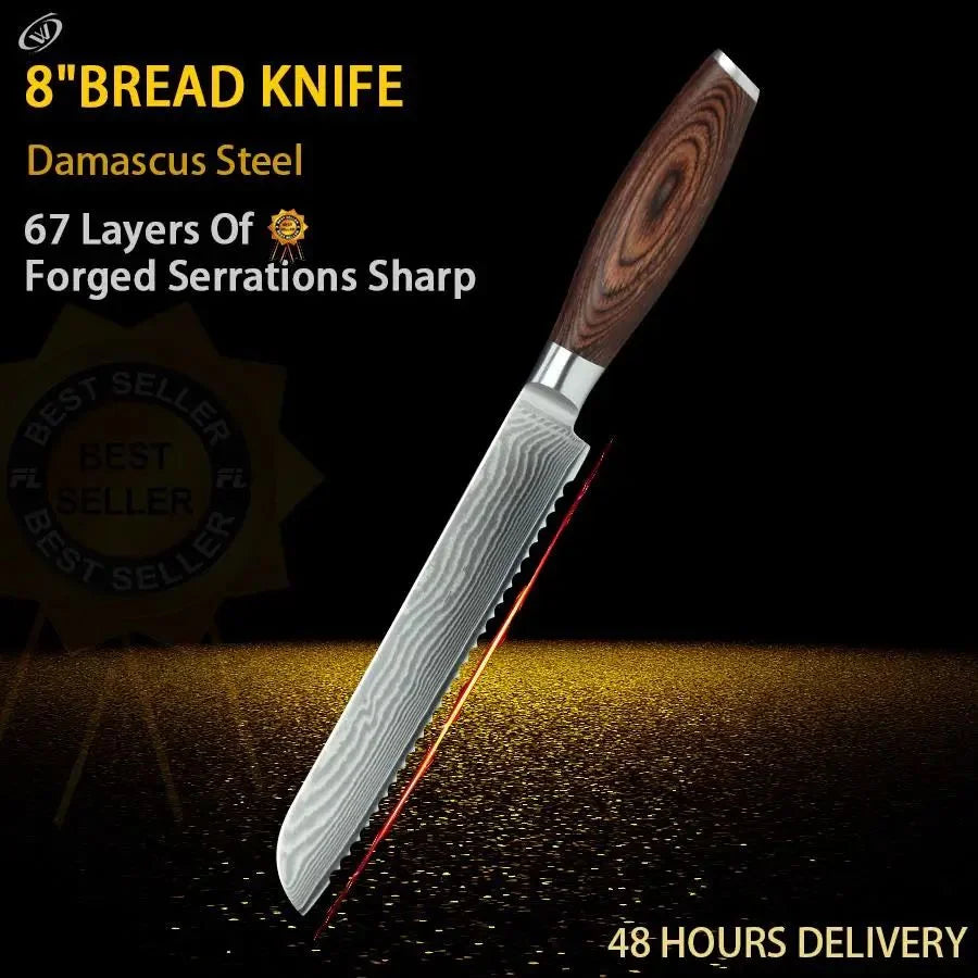 67-Layer Damascus Steel Kitchen Knife – Santoku, Chef & Paring Damascus Kitchen Knife Axl Bread Knife