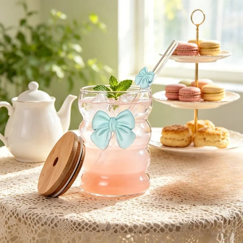 KEMORELA 300ml Butterfly Glass Cup with Lid & Straw Glass Drinkware Cup Axl