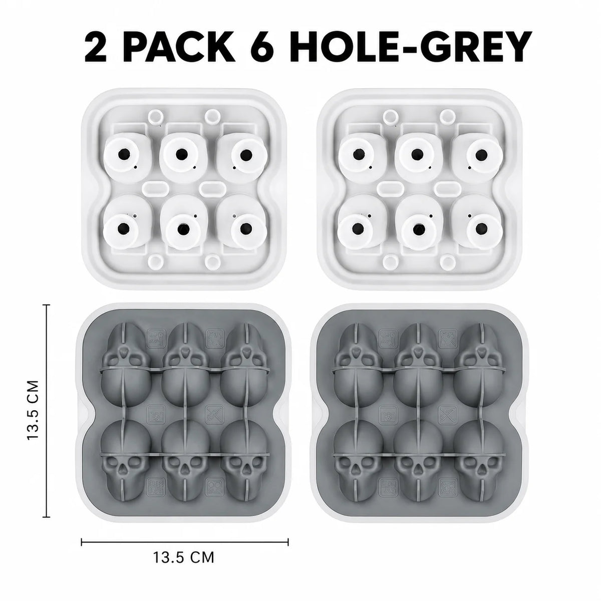 3D Skull Silicone Ice Cube Mold – Whiskey & Halloween Cocktails Silicone Ice Mold Axl 2 PACK 6 Hole -Grey