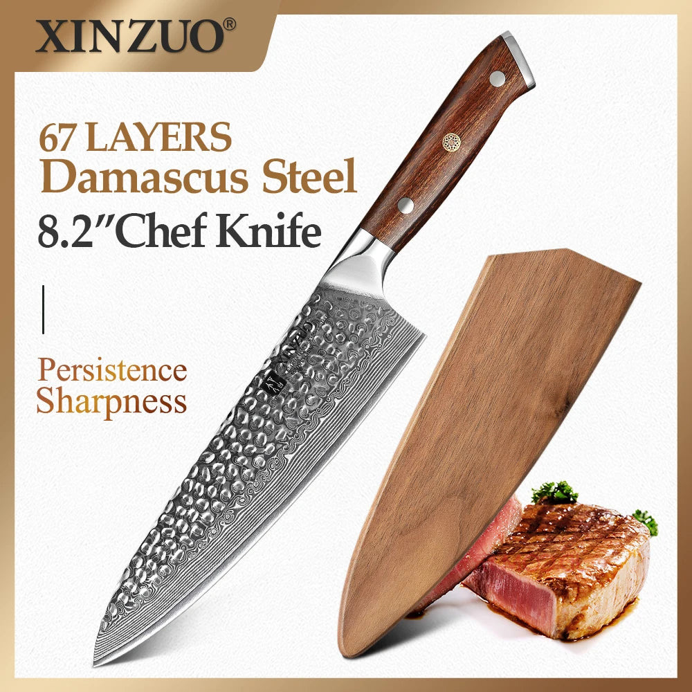 XINZUO 8.2" Damascus Steel Gyuto Chef Knife – Desert Ironwood Damascus Chef Knife Axl