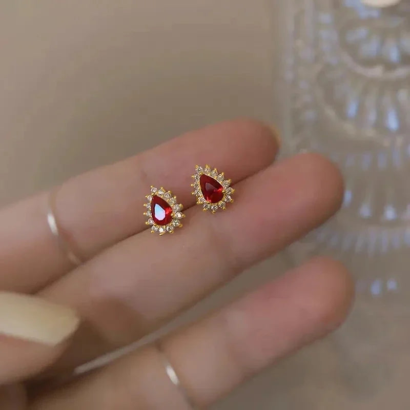 Huitan Red Cubic Zirconia Water Drop Stud Earrings Women Stud Earrings Axl