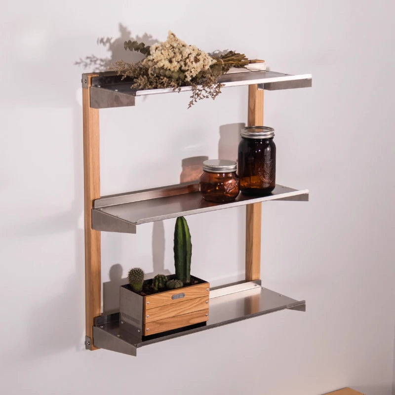 3-Tier Wall Shelf – Ash Wood & Stainless Steel Floating Shelf Wall Mounted Shelf Axl