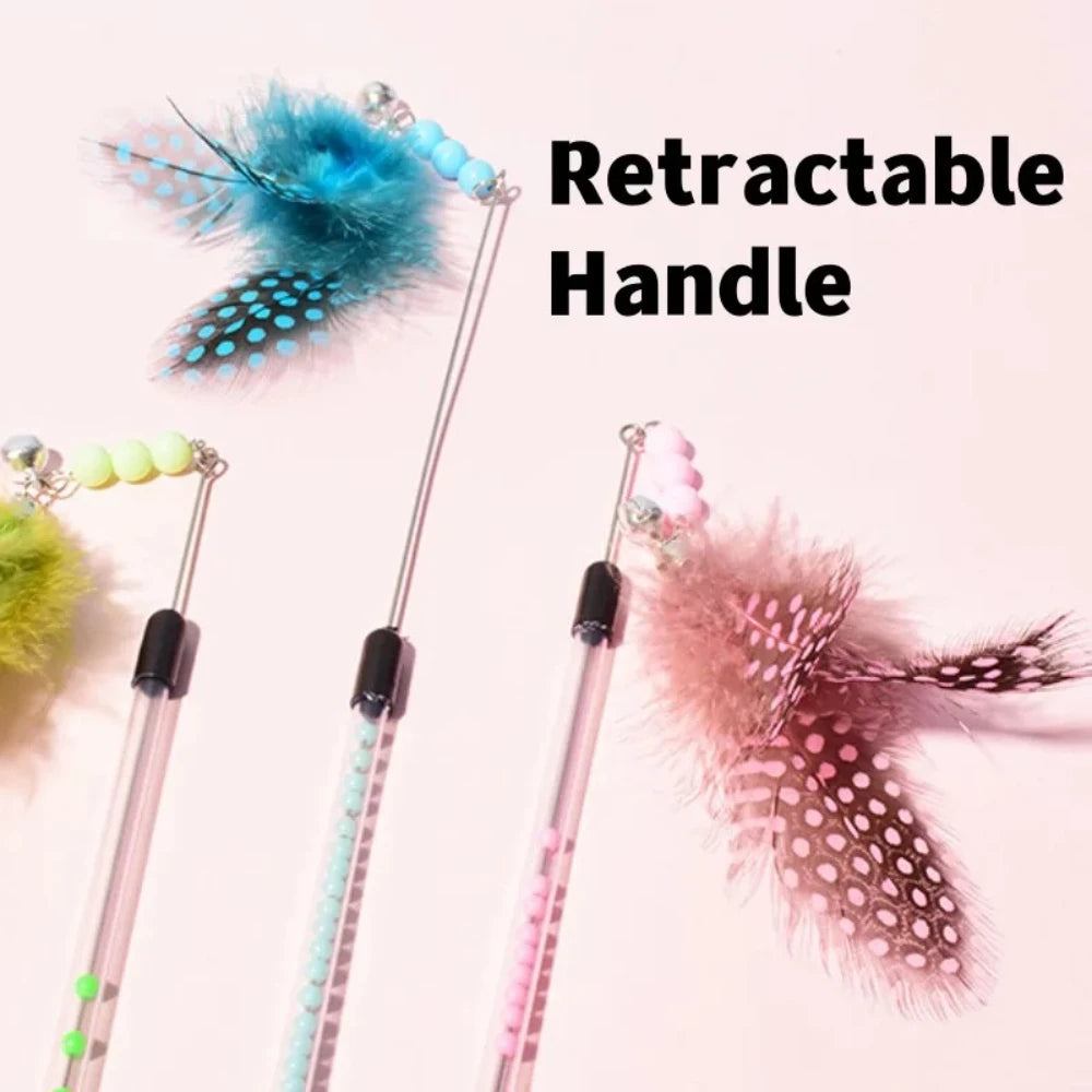 Retractable Feather Wand Cat Toy – Interactive Kitten Teaser Feather Cat Wand Axl