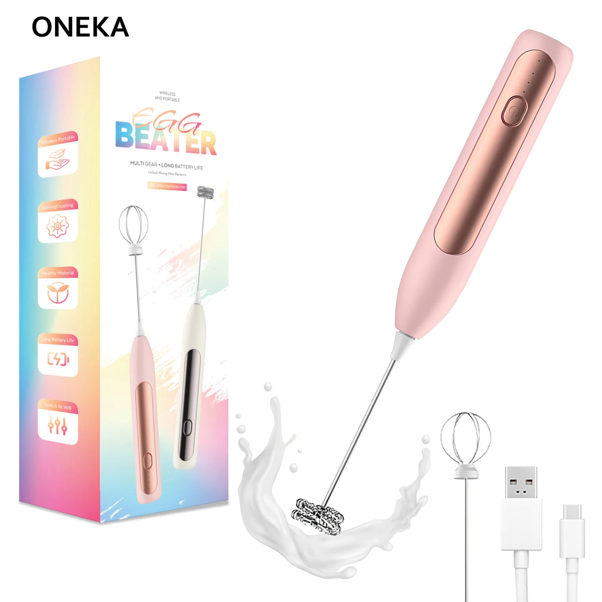 Rechargeable Handheld Milk Frother Wand & Egg Whisk Foam Maker Milk Frother Wand Axl Pink