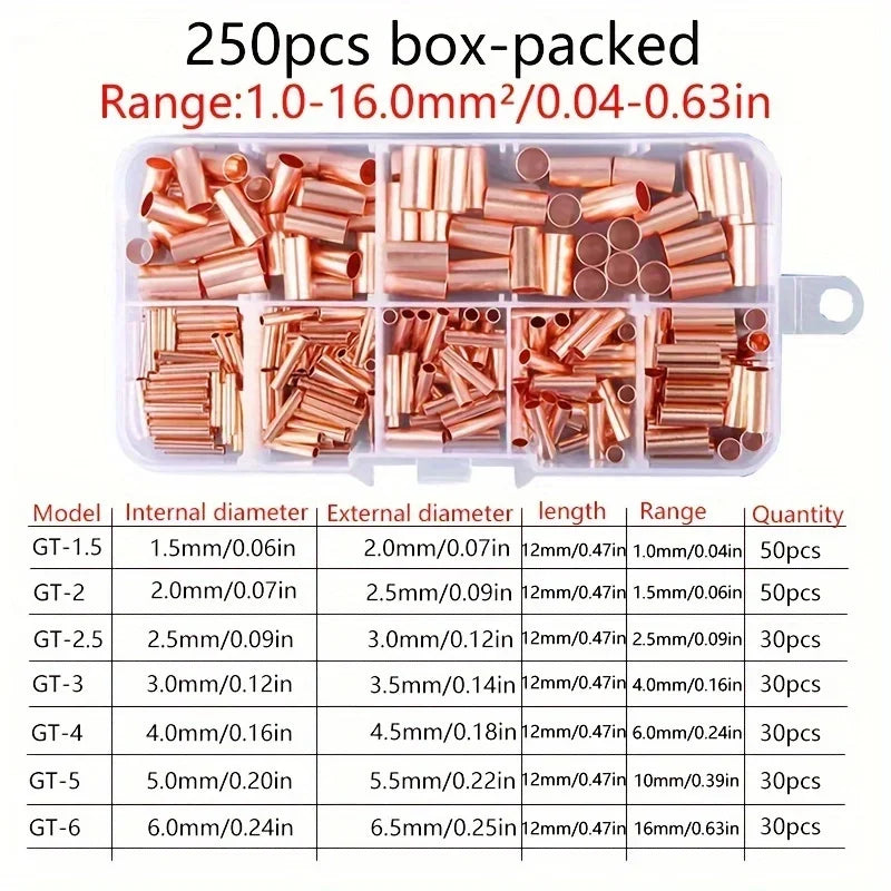 250pcs Copper Connecting Pipe Kit – Wire Joints & Cable Lugs Wire Connector Kit Axl