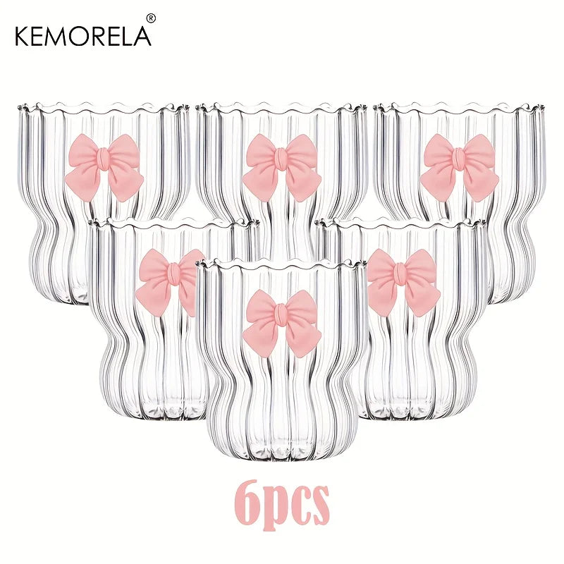 KEMORELA Bow Vintage Ripple Glass Cups 350ml – Set of 2/4/6 Glass Drinkware Set Axl 6pcs 350ml