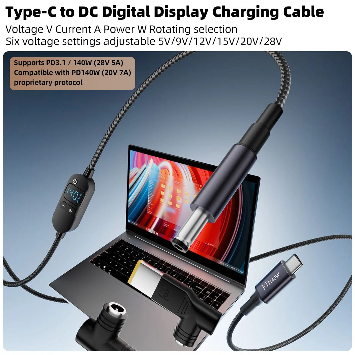 140W USB-C to DC Boost Converter Cable | 5V–28V Adjustable USB-C Power Cable Axl