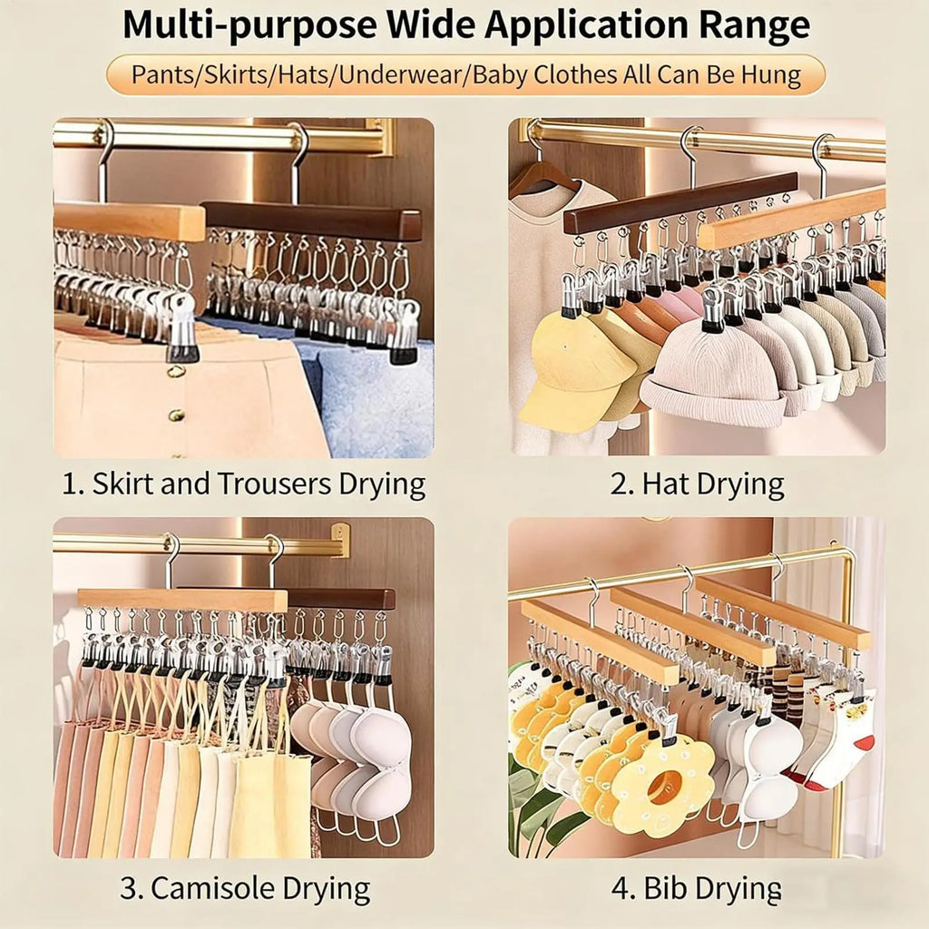 Wood Pants Hanger 12 Clips – Space-Saving Wardrobe Organizer Clothing Hanger Organizer Axl