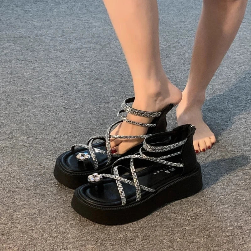 Women's Roma Wedge Platform Sandals – Rhinestone Flower Heels Platform Wedge Sandals Axl