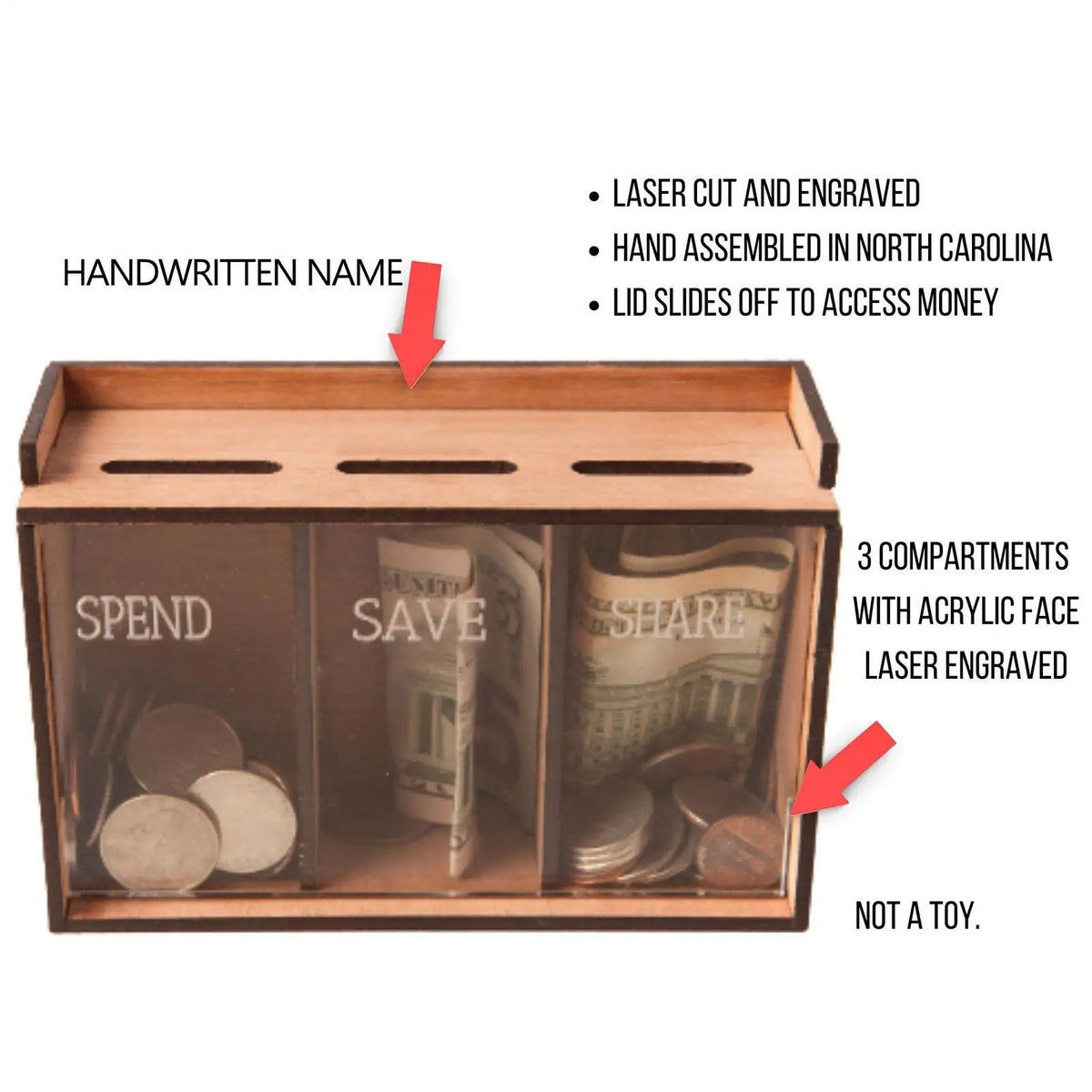 Wooden Coin Bank Box – 3 Compartments & Removable Lid Wooden Coin Bank Axl