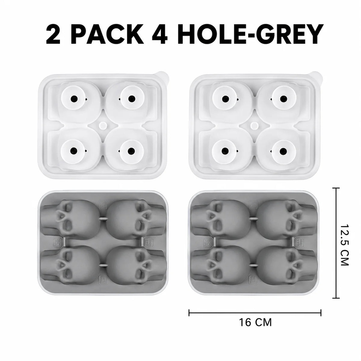 3D Skull Silicone Ice Cube Mold – Whiskey & Halloween Cocktails Silicone Ice Mold Axl 2 PACK 4 Hole-Grey