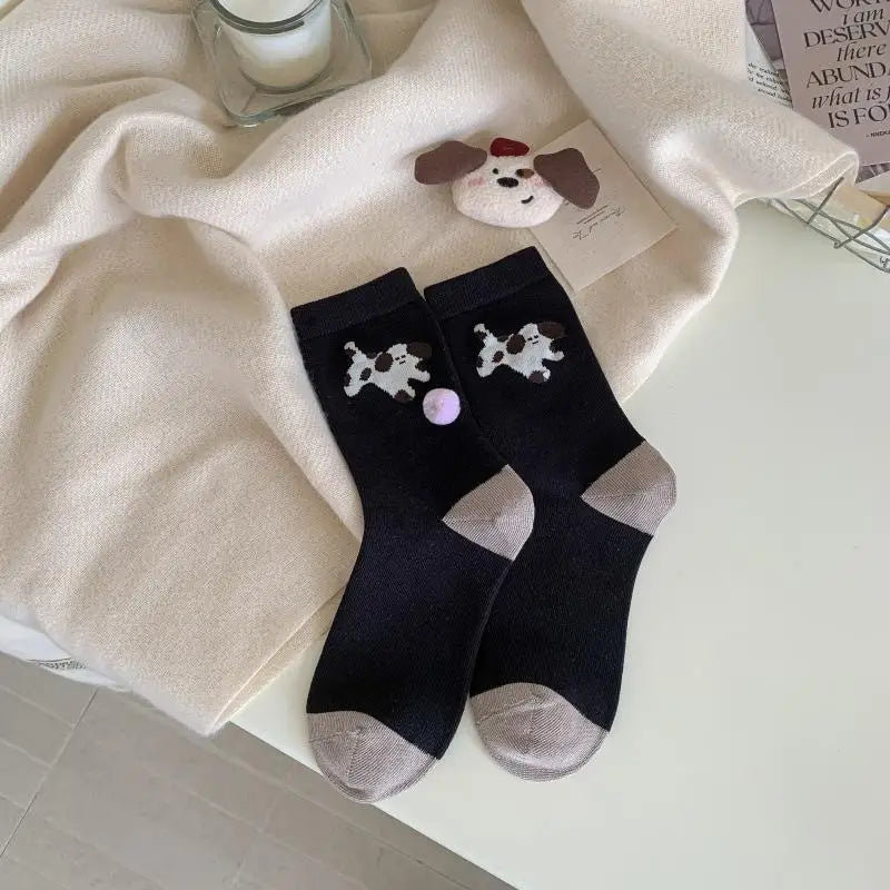 Cute Women's Puppy Socks – Animal Print Cotton Mid-Tube & Fur Ball Novelty Women's Socks Axl One Size Black