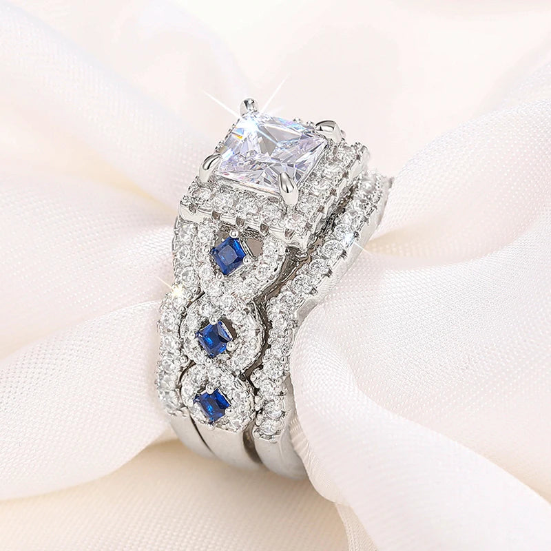 Huitan 3-Piece CZ Bridal Ring Set – Princess Wedding Jewelry Bridal Ring Set Axl