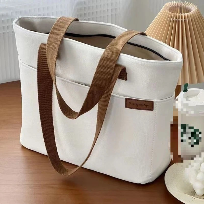 Large Canvas Tote Bag – 2-Layer Shoulder Bag for Women Canvas Tote Bag Axl 38CM white