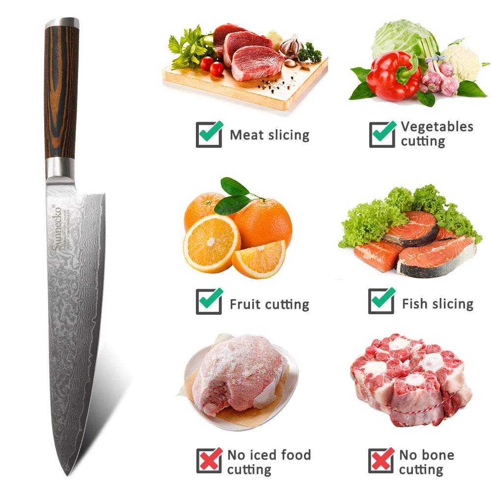 Sunnecko Damascus Chef Knife Set – VG10 Steel & Pakkawood Damascus Chef Knife Set Axl