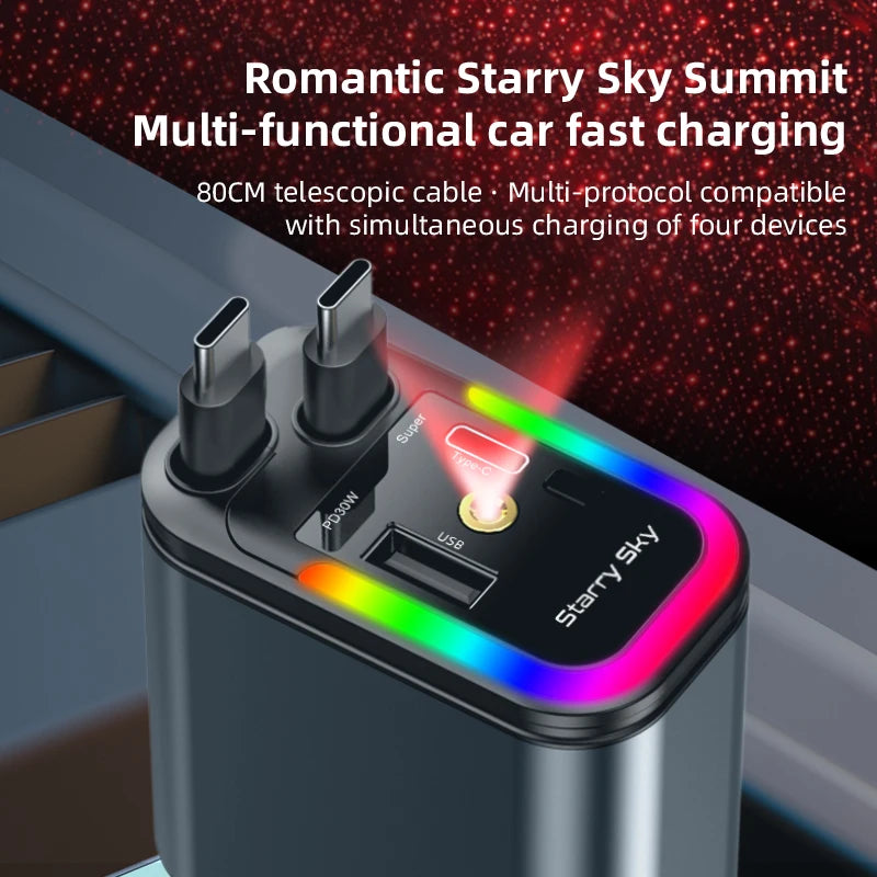 4-in-1 PD30W Retractable Car Charger USB-C & USB-A Fast Charge Retractable Car Charger Axl