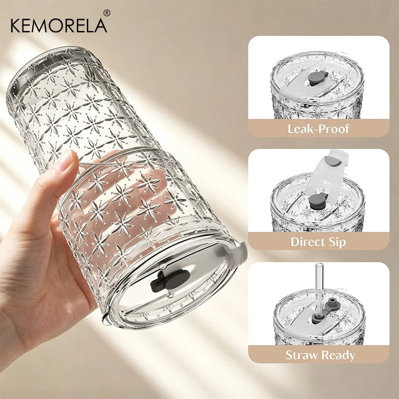 Sparkling Star Glass Coffee Cup 590ml – Lid & Straw Included Glass Drinkware Set Axl