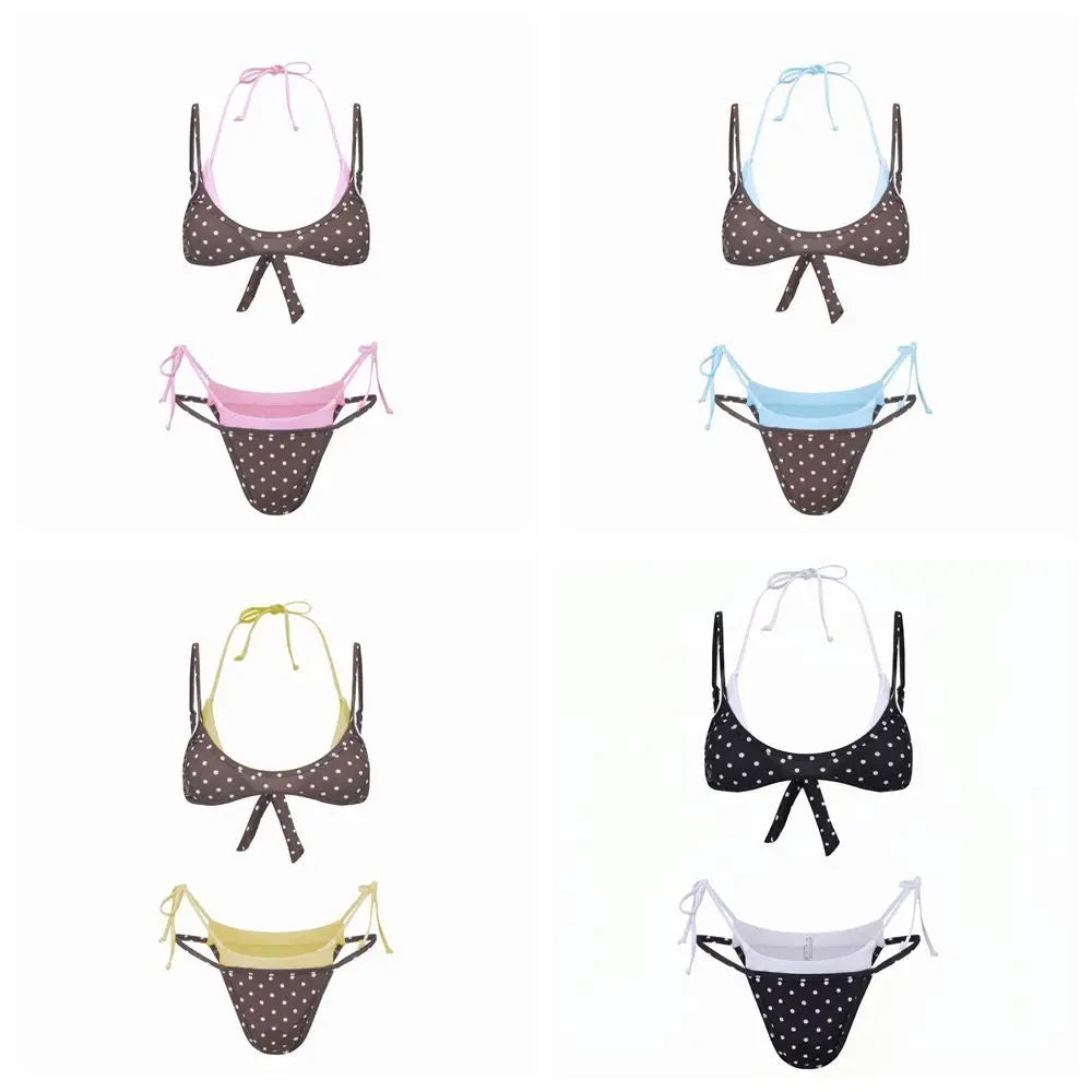 Polka Dot Halter Bikini Set – Push Up Deep V Lace-Up Swimwear Halter Bikini Set Axl