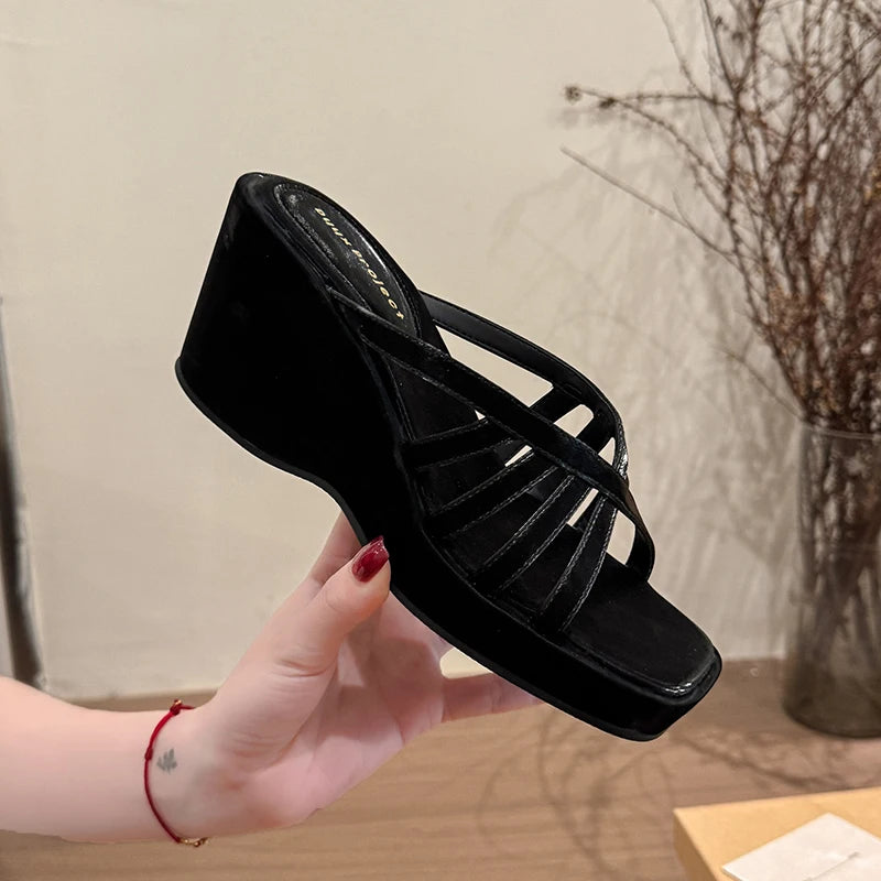 Women's Wedge Platform Slippers – Open Toe Slip-On Slides Wedge Platform Slippers Axl black 37