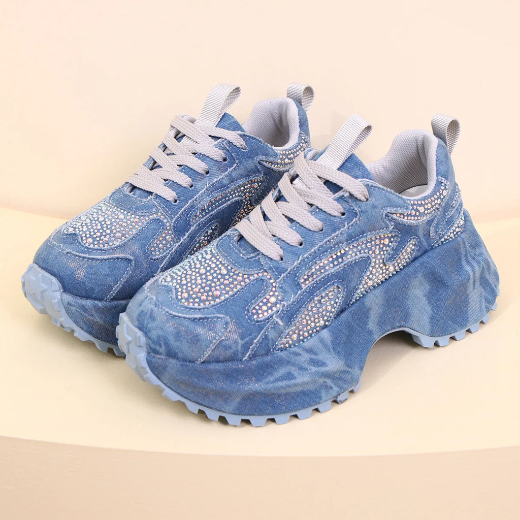 Women's Rhinestone Chunky Platform Sneakers | Denim Canvas Platform Sneakers Axl Blue 35