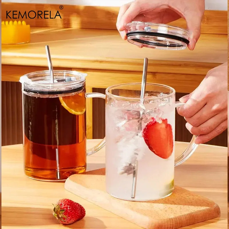 KEMORELA Large Glass Cup with Lid & Straw – Heat-Resistant Glass Drinkware Set Axl