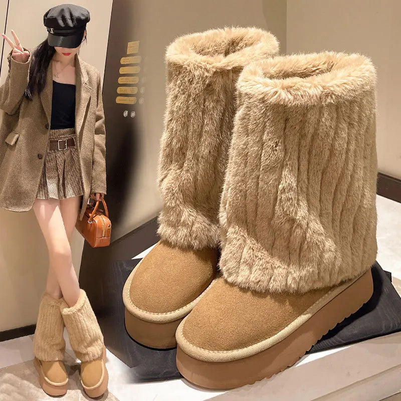 Women's Winter Plush Snow Boots – Warm Slip-On Mid-Top Women's Snow Boots Axl Brown 40