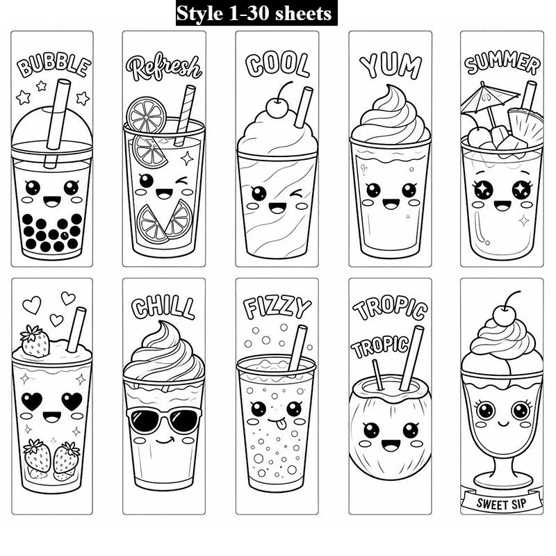 Kawaii Summer Beverage Coloring Bookmarks – DIY Cartoon Doodle Coloring Bookmarks Axl Style 1-30 sheets