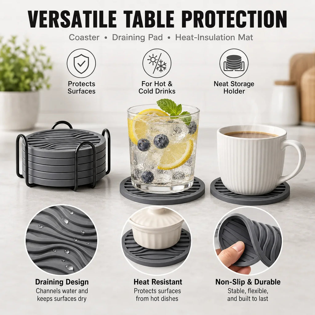 6-Pack Silicone Drink Coasters with Holder | Non-Slip, Heat Resistant Silicone Coaster Set Axl