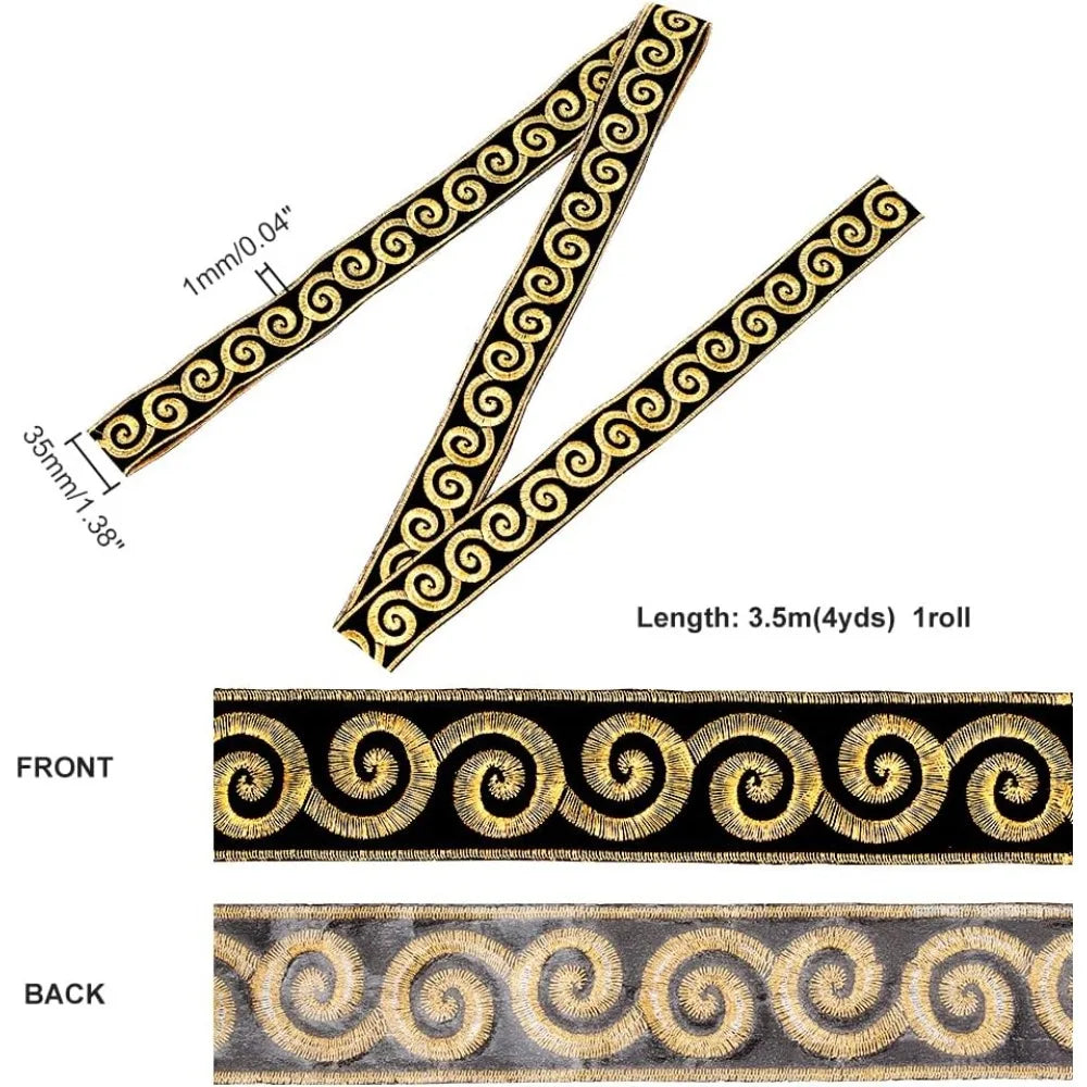 Gold Jacquard Tyrolean Ribbon | Vortex Pattern 35mm – 4.16 Yds Jacquard Craft Ribbon Axl