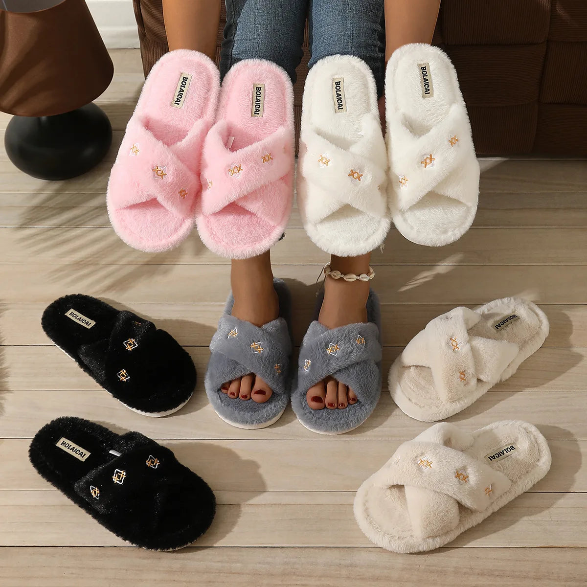 Women's Fluffy Fur Slippers – Embroidery Plush Cross Band Slides Plush Fur Slippers Axl