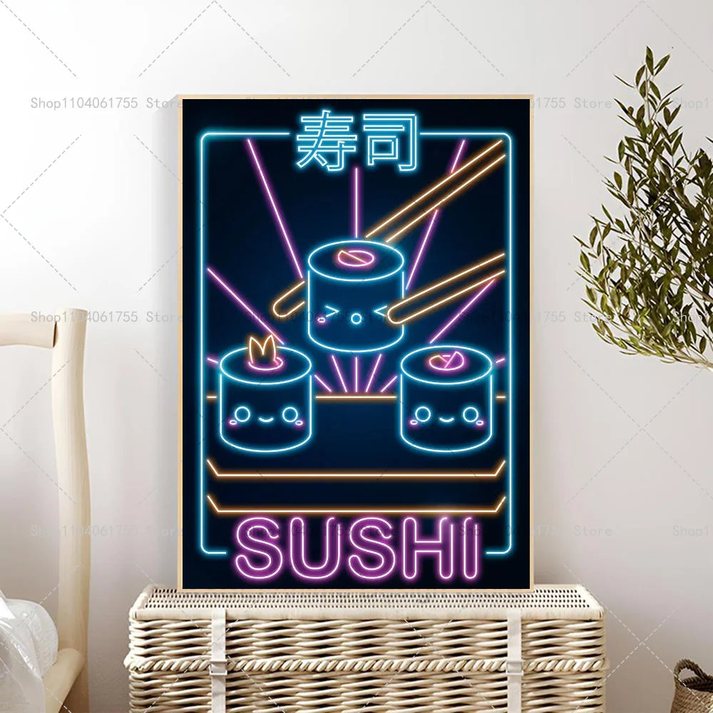 Neon Retro Japanese Ramen Sushi Cat Wall Poster Sticker Wall Poster Sticker Axl z4 30x42cm No Frame