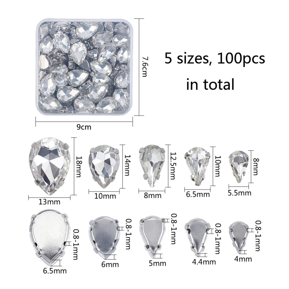 94 Pcs Teardrop Glass Rhinestones – 6 Sizes, Pointed Back Gems Craft Rhinestone Set Axl AECH04-00205