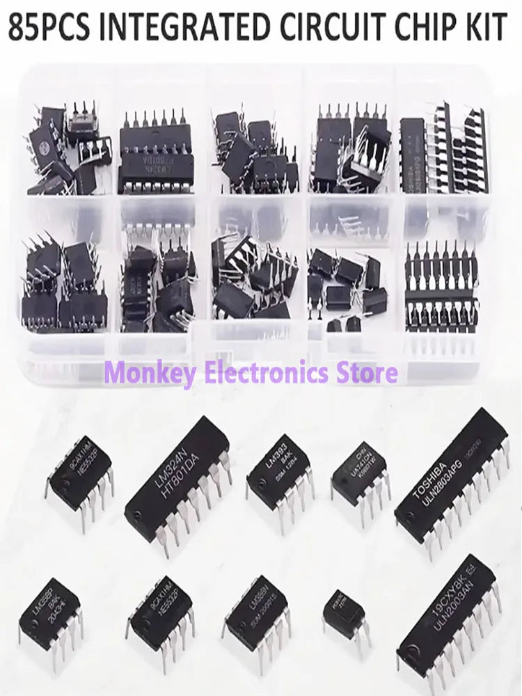 85-Piece IC Chip Kit – NE555 LM324 LM358 DIP Assortment DIY IC Component Kit Axl 85pcs kit